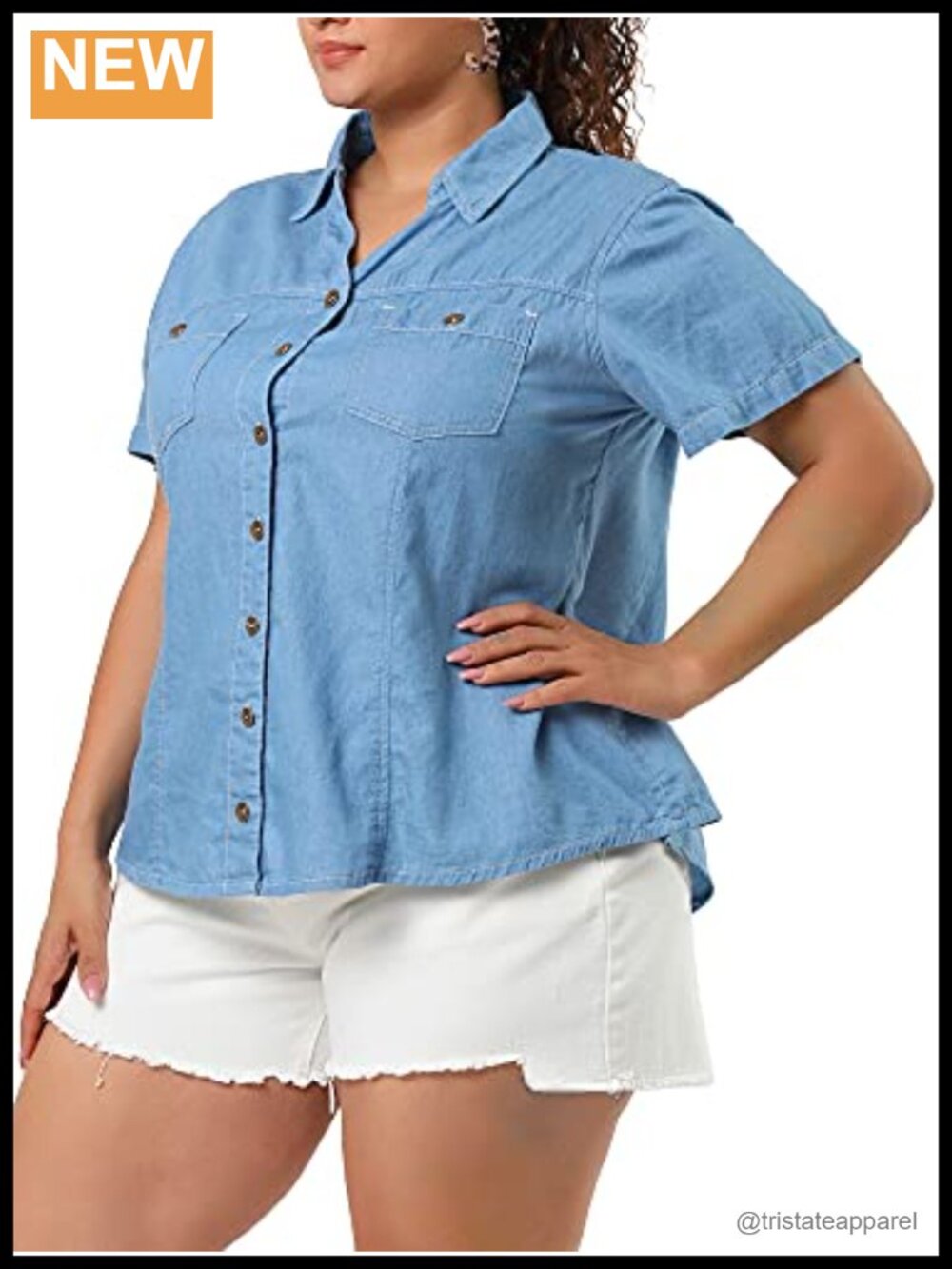 Plus Size Denim Button Down Shirt Short Sleeve Lightweight Cotton